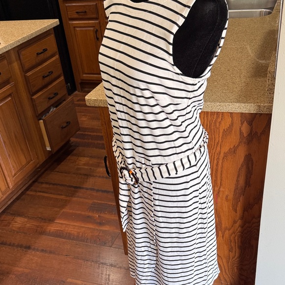 LOFT Black and White Striped Midi Dress with Belt - Picture 5 of 5